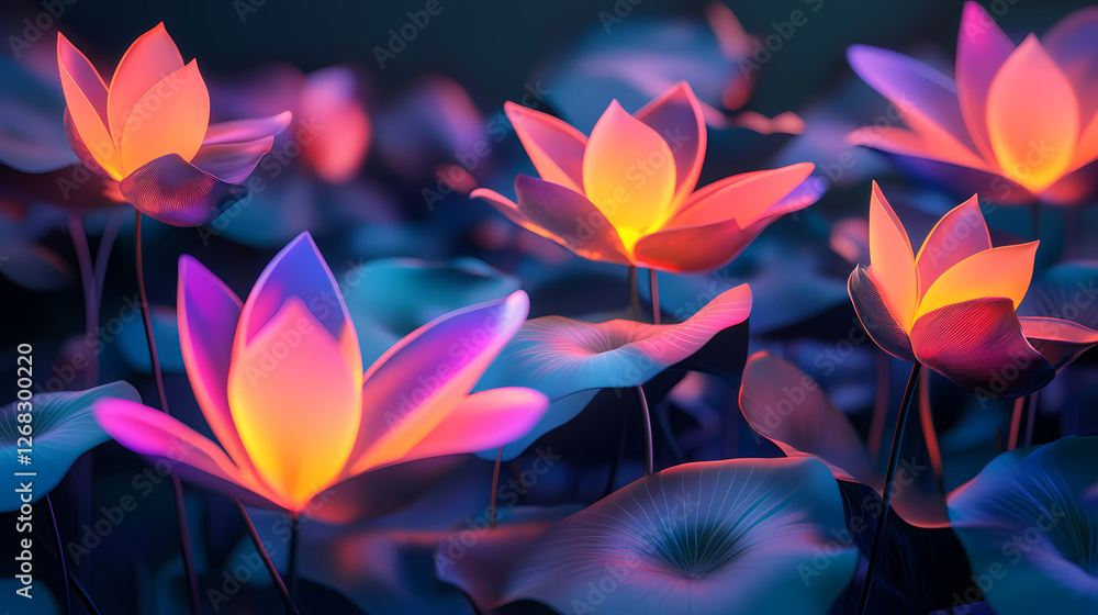 Abstract plant with leaves in different colors. generative ai. Neon Lotus Fields. Illustration Abstract plant with leaves in different colors. generative ai. Neon Lotus Fields. Illustration