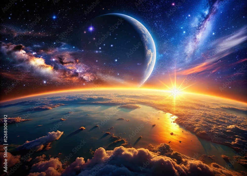 Surreal Sunrise Earth: Crescent Moon & Starry Sky Space View Surreal Sunrise Earth: Crescent Moon & Starry Sky Space View