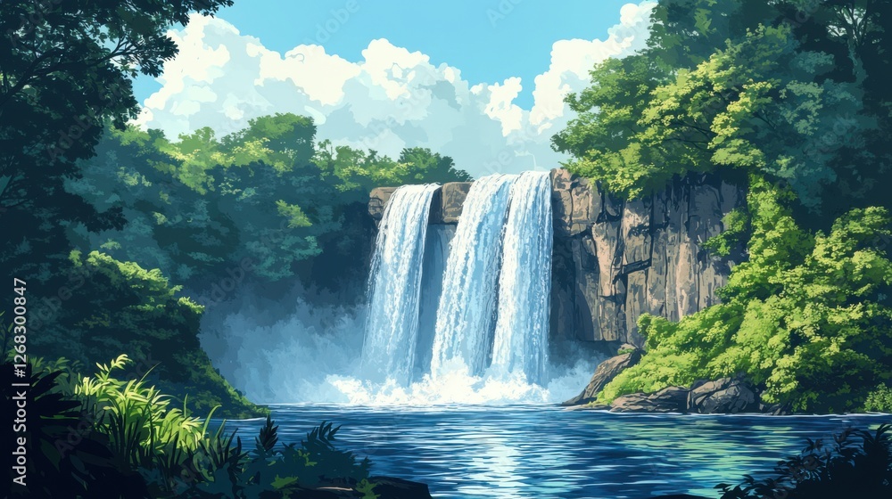 Naklejka premium Majestic Waterfall Surrounded by Lush Green Forest Under a Clear Blue Sky with Fluffy Clouds