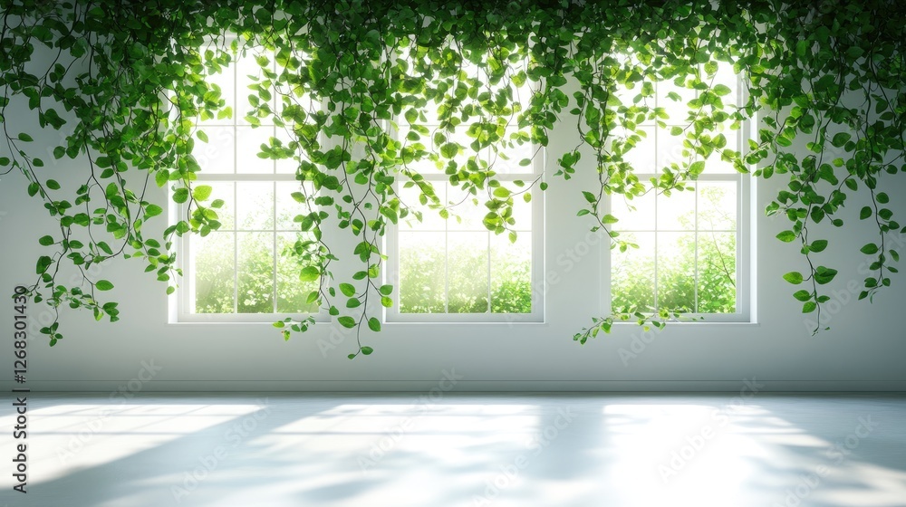 Obraz premium Lush green vines cascading from windows in a bright, serene indoor space with natural light