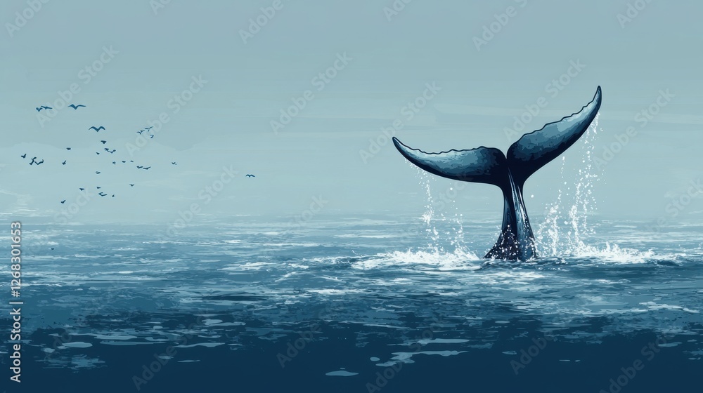Fototapeta premium Majestic Whale Tail Breaking Surface in Tranquil Ocean Waters with Gentle Splashes and Soft Light