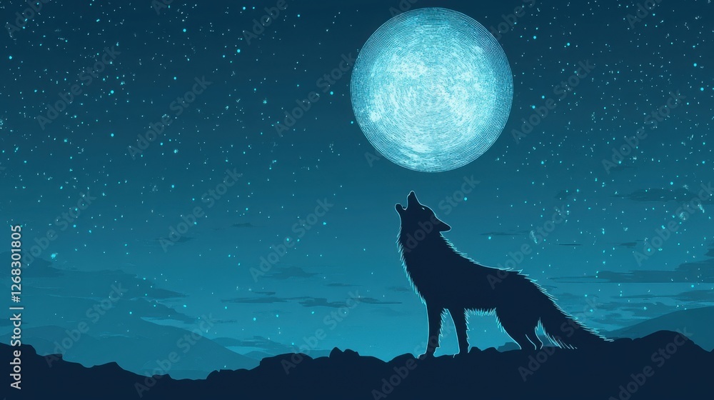 Wolf Howling Under Bright Full Moon in Starry Night Sky Illustrating Nature's Serenity and Wild Beauty Wolf Howling Under Bright Full Moon in Starry Night Sky Illustrating Nature's Serenity and Wild Beauty