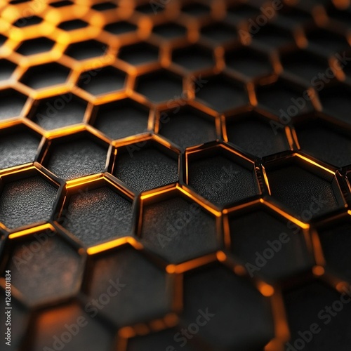 Textured gold and black honeycomb pattern background, metal geometric hexagons. photo