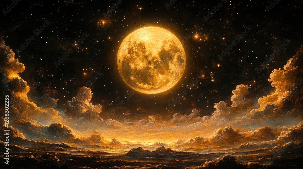 Majestic full moon illuminating a starry night sky with clouds, creating a serene landscape Majestic full moon illuminating a starry night sky with clouds, creating a serene landscape