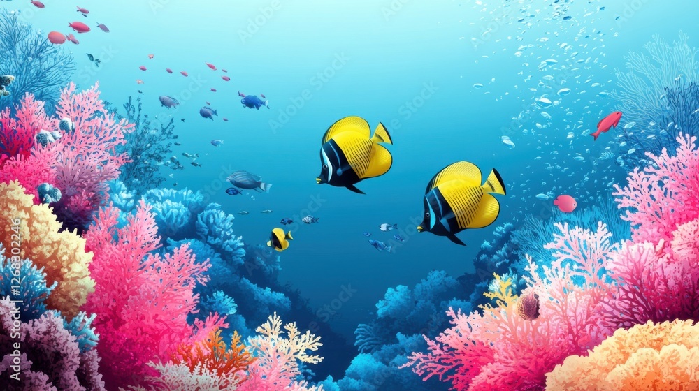 Fototapeta premium Vibrant Underwater Scene with Colorful Coral Reef and Exotic Fish Swimming in Clear Blue Ocean Water