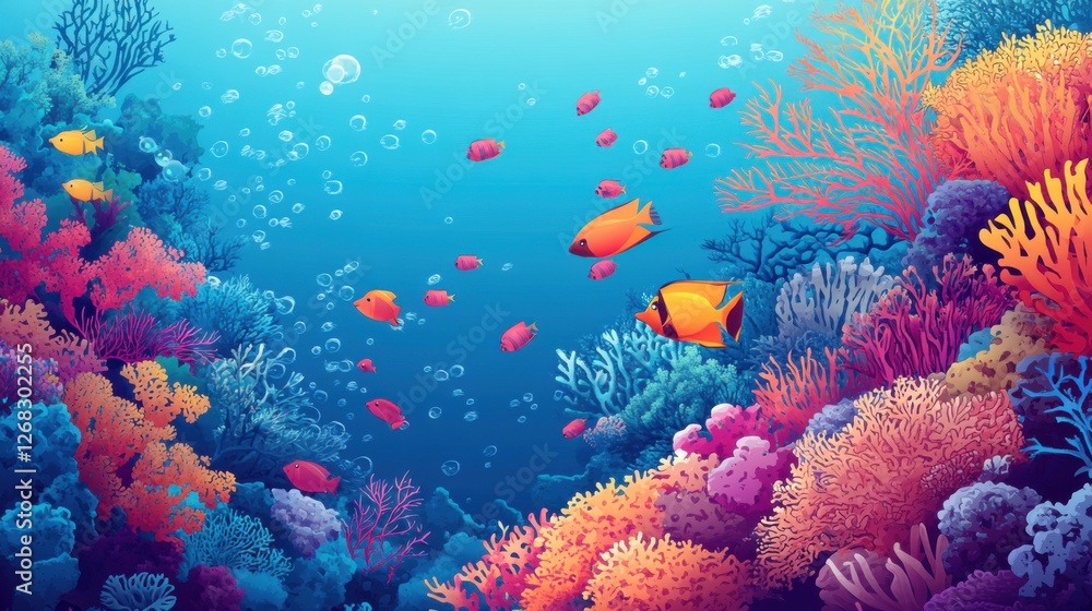 Fototapeta premium Vibrant Underwater Coral Reef with Colorful Fish and Bubbles in Crystal Clear Ocean Water Background