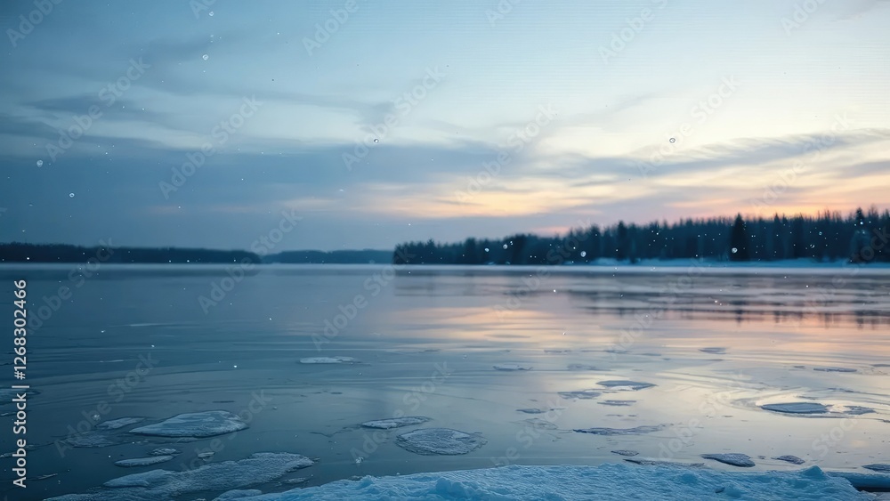 Obraz premium Snowflakes gently fall on a serene frozen lake at dusk, cold, frosty
