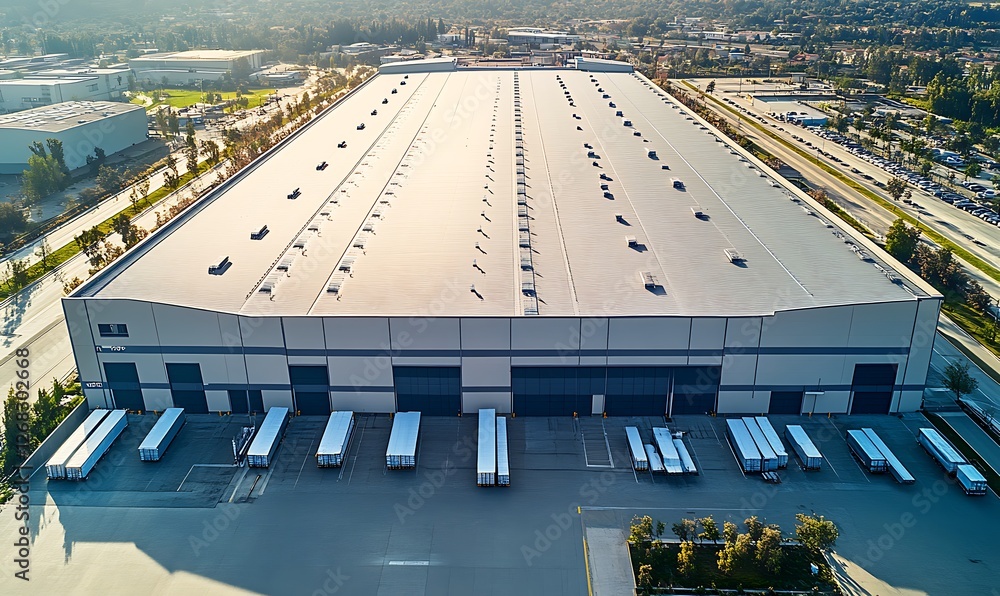 A large industrial warehouse featuring a flat EPDM roof, suitable for commercial purposes.