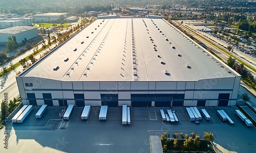 Obraz na płótnie A large industrial warehouse featuring a flat EPDM roof, suitable for commercial purposes. w salonie