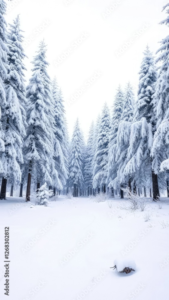 Snowy forest landscape with snow-covered trees, landscape, winter wonderland Snowy forest landscape with snow-covered trees, landscape, winter wonderland