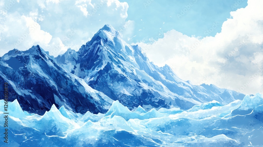 Obraz premium Majestic Mountain Landscape with Icebergs and Cloudy Sky in Serene Blue Tones