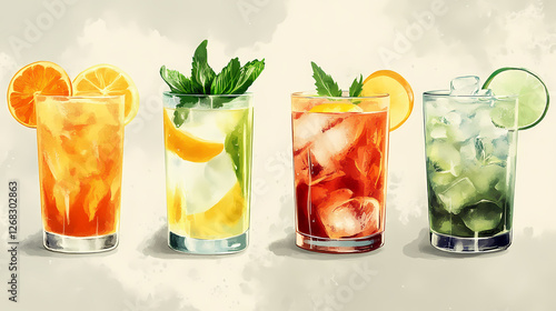 Cocteles ordenados en fila sobre un fondo de color gris. Tide-Touched Spirits. Illustration photo