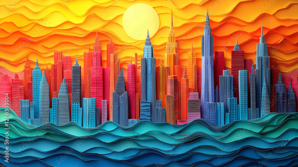 Obraz premium A vibrant paper-cut cityscape with layered waves, glowing sunset, and towering skyscrapers in warm reds and cool blues, creating a stunning contrast of colors.