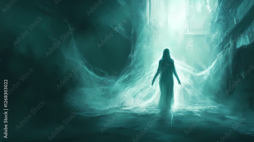 Ethereal transcendence - glowing essence detaching from figure in shadowy interior, concept of spiritual release and transformation. Tide-Touched Spirits. Illustration Ethereal transcendence - glowing essence detaching from figure in shadowy interior, concept of spiritual release and transformation. Tide-Touched Spirits. Illustration