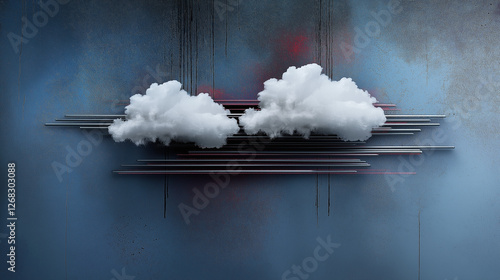 Two white clouds seemingly suspended against a blue textured wall with an abstract, glitch-inspired aesthetic - Generative AI