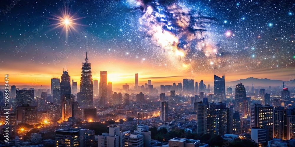 Obraz premium Tokyo Dawn: Pleiades Star Cluster Over Urban Skyline - Winter Solstice