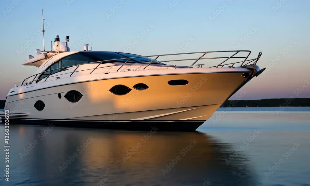 A stunning luxury yacht elegantly floating on serene waters during sunset, showcasing its sleek design and inviting a sense of comfort and lavish lifestyle on the water. A stunning luxury yacht elegantly floating on serene waters during sunset, showcasing its sleek design and inviting a sense of comfort and lavish lifestyle on the water.