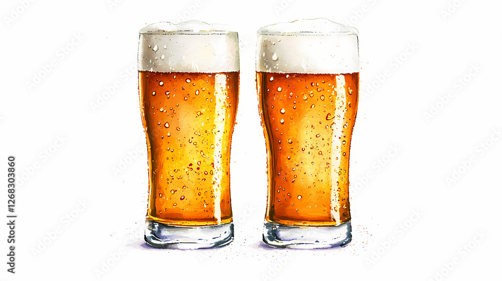Two ice-cold beers, chilled to perfection, stand alone on a white background, their amber hues and condensation droplets radiating refreshment and relaxation. Tide-Touched Spirits. Illustration Two ice-cold beers, chilled to perfection, stand alone on a white background, their amber hues and condensation droplets radiating refreshment and relaxation. Tide-Touched Spirits. Illustration