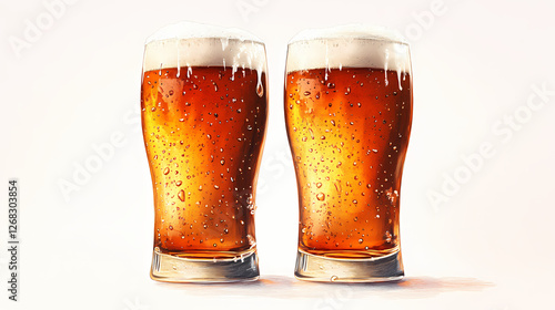Wallpaper Mural Two ice-cold beers, chilled to perfection, stand alone on a white background, their amber hues and condensation droplets radiating refreshment and relaxation. Tide-Touched Spirits. Illustration Torontodigital.ca
