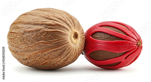 A whole nutmeg seed with its bright red mace still attached, showing the contrast in textures. photo