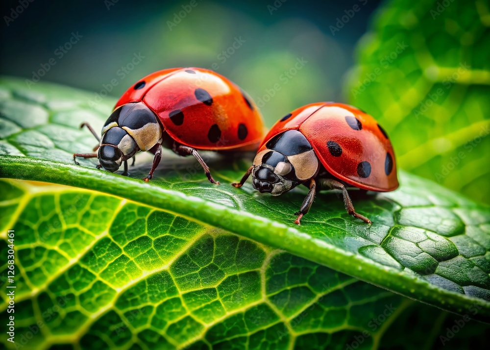 Fototapeta premium Two Ladybugs on Vibrant Green Leaf - Macro Nature Photography