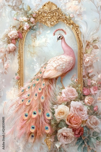 A beautiful painting of a pink peacock with a gold frame
