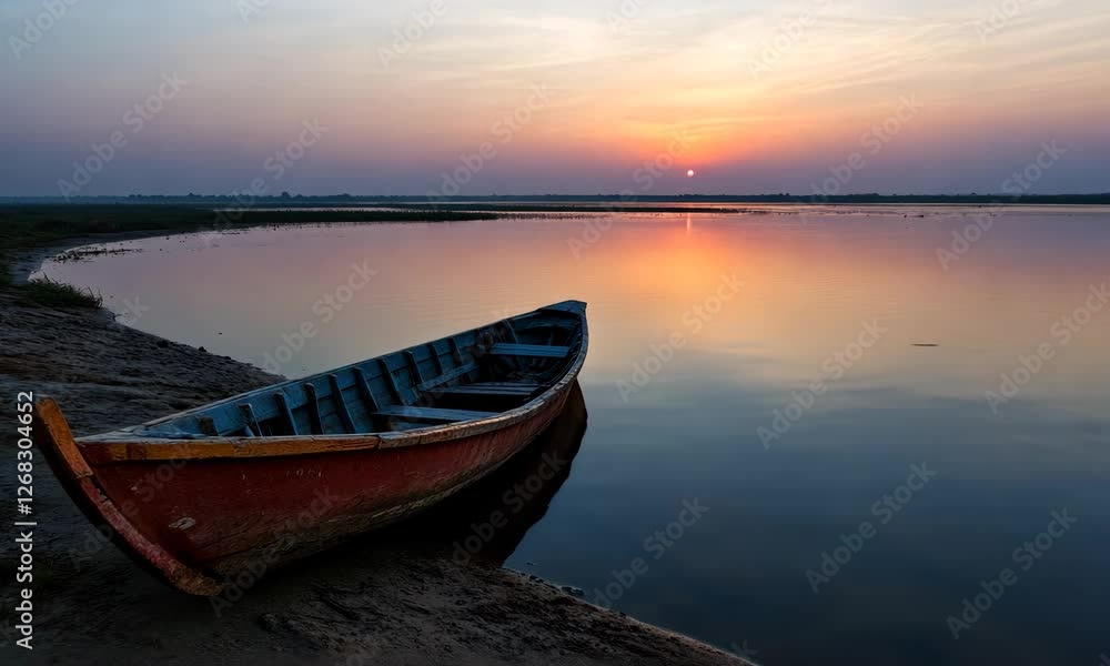 A serene scene depicting a lonely boat resting on the shore as the sun sets, casting beautiful reflections on the calm waters, embodying peace and tranquility of nature. A serene scene depicting a lonely boat resting on the shore as the sun sets, casting beautiful reflections on the calm waters, embodying peace and tranquility of nature.