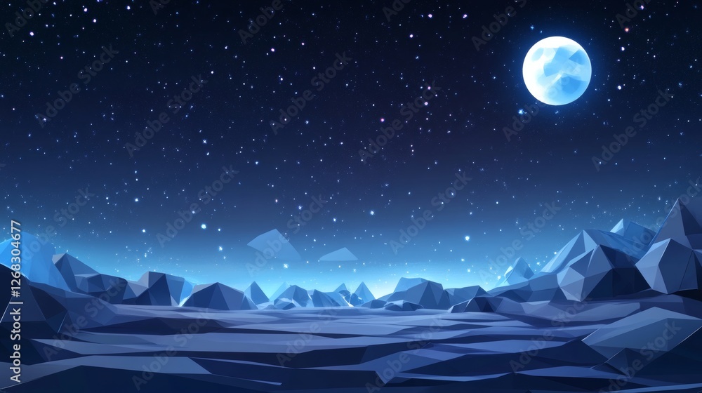 Obraz premium Night Sky with Moon and Polygonal Mountain Landscape View