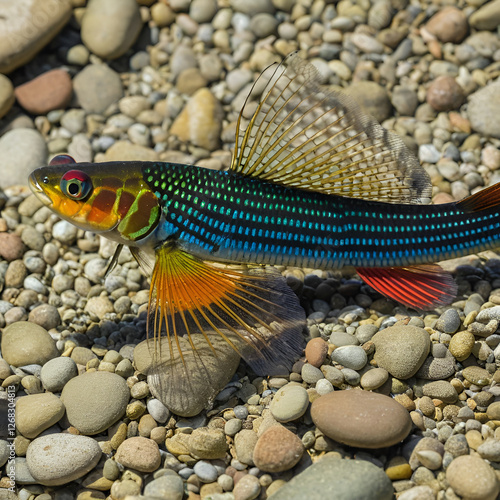 Rainbow darter displaying on the bottom of a river photo