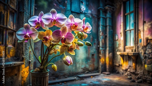 Urban Decay Orchid Bouquet: Grunge Floral Art,  Detailed Botanical Illustration