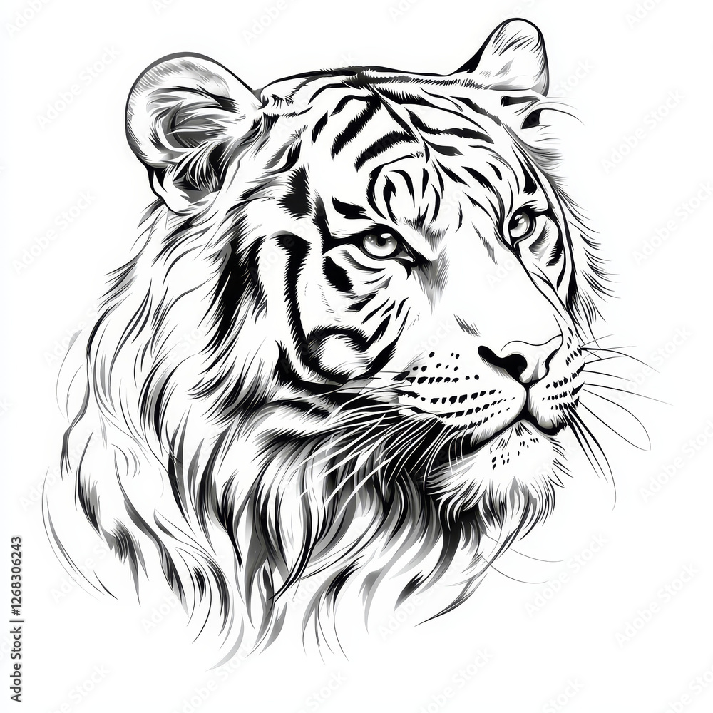 Majestic tiger head, ink sketch, powerful gaze Majestic tiger head, ink sketch, powerful gaze