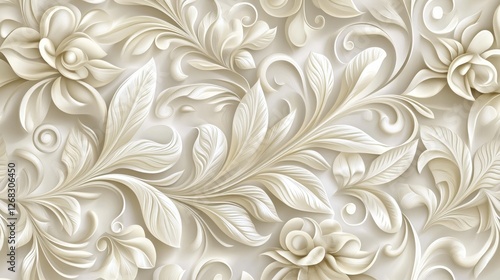 Elegant cream floral 3D embossed wallpaper design.