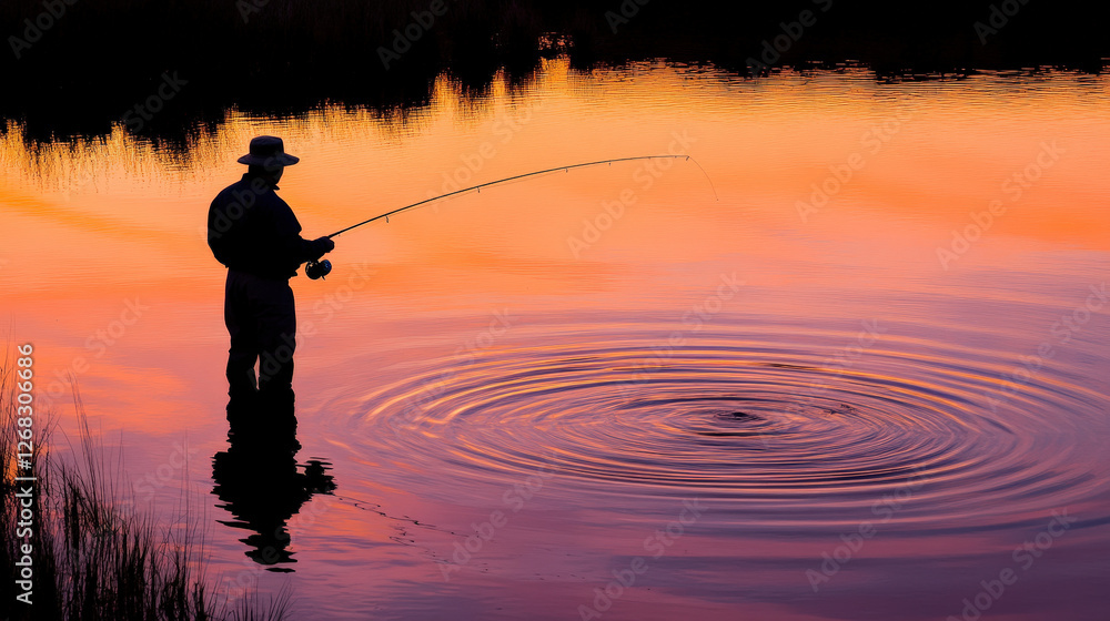 Silhouette of a Fisherman Standing in a Lake at Dusk Silhouette of a Fisherman Standing in a Lake at Dusk