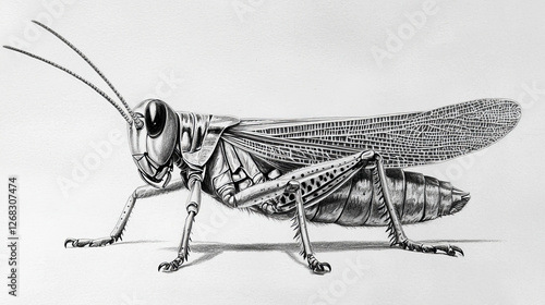 Detailed pencil drawing of a grasshopper, showcasing intricate wing veins and leg structures photo