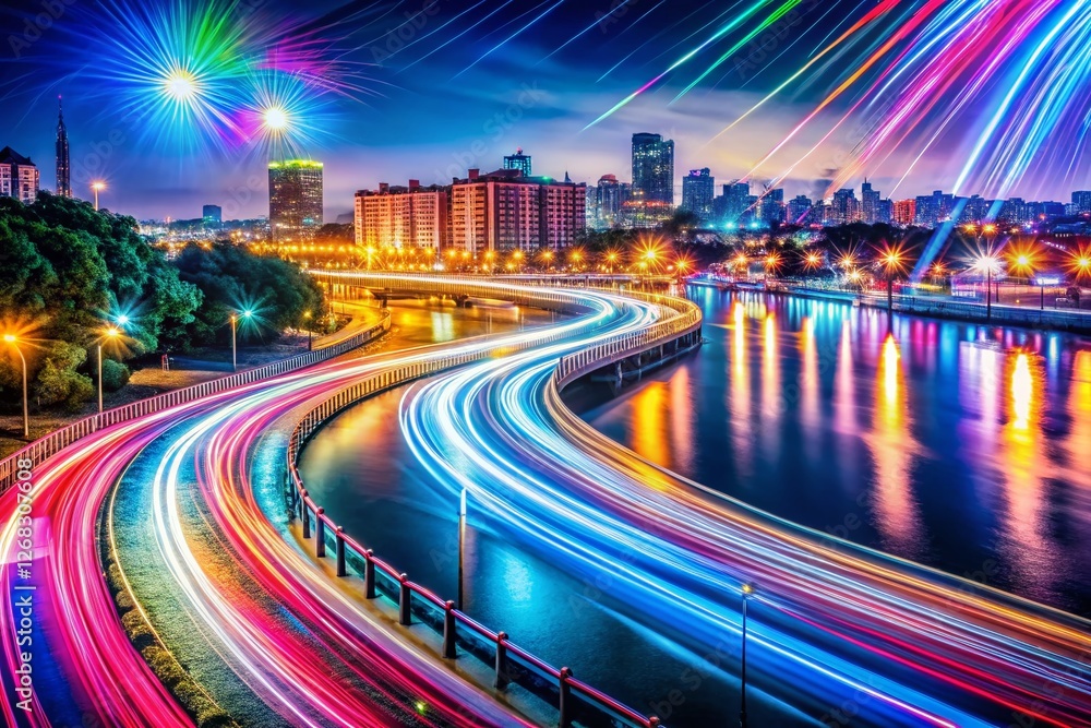 Obraz premium Vibrant Abstract Light Trails: Colorful Night Photography Motion Effect