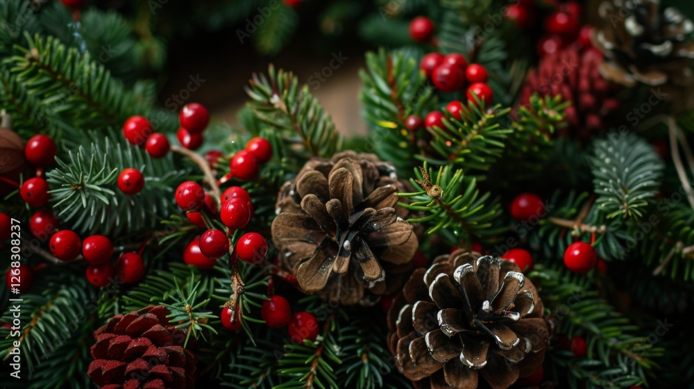 Fototapeta premium A close-up of a Christmas wreath with pinecones and berries