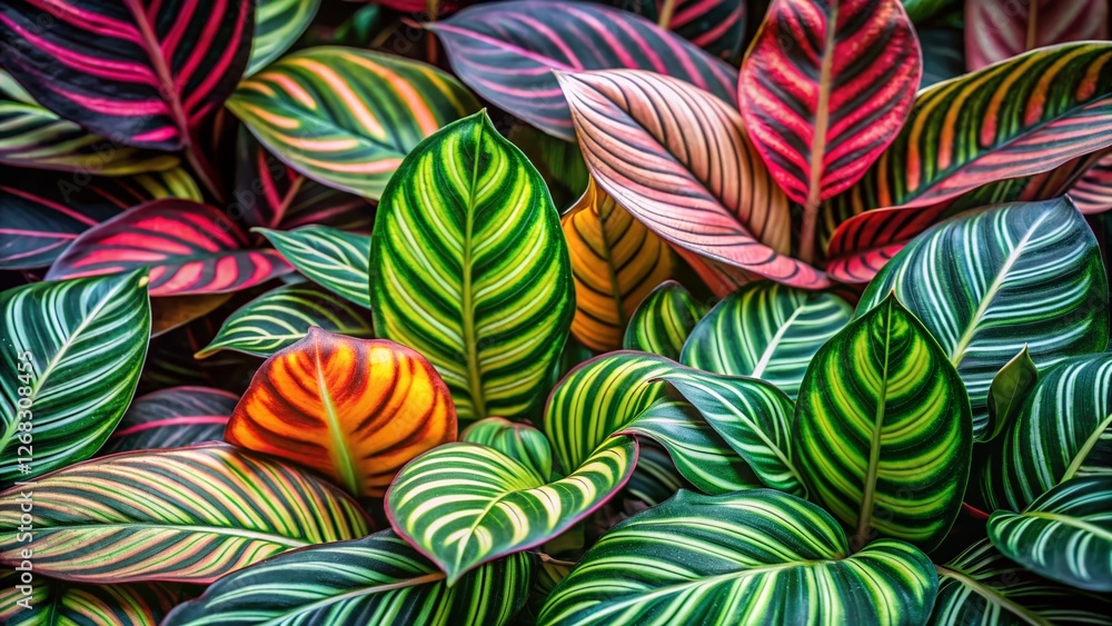 Fototapeta premium Vibrant Calathea Leaves: Diverse Patterns & Colors, Tilt-Shift Photography