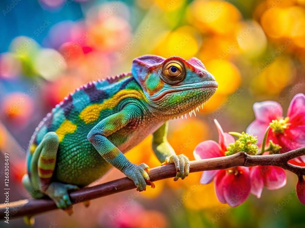Vibrant Chameleon on Blooming Branch, Soft Bokeh Background - Stock Photo Vibrant Chameleon on Blooming Branch, Soft Bokeh Background - Stock Photo