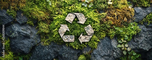 Recycle symbol with a nature backdrop, promoting ecoconscious living, environmental awareness, and sustainability, green tones and natural textures photo