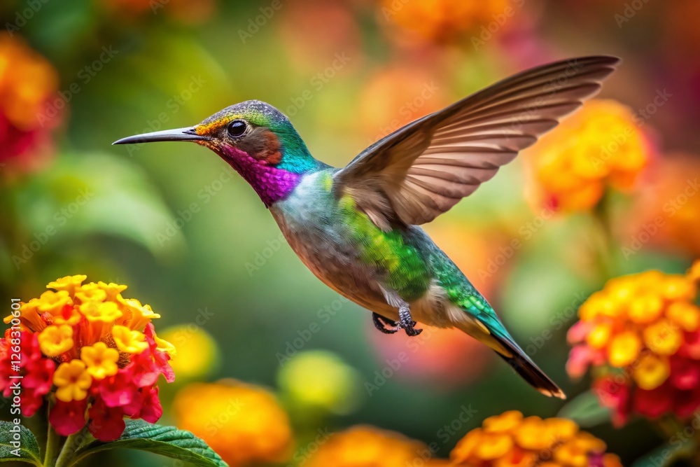 Fototapeta premium Vibrant Hummingbird Hovering Near Lantana Flowers - Stock Photo