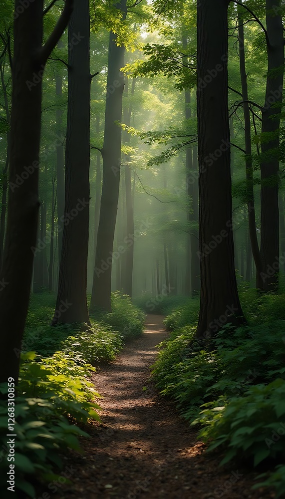 Obraz premium Generative AI Forest Trail with Sun Rays Streaming Through the Canopy