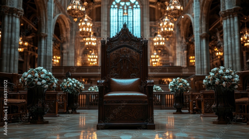Fototapeta premium Majestic Throne in Grand Hall Intricate Carving Royal Seat Luxury Palace Church Inter