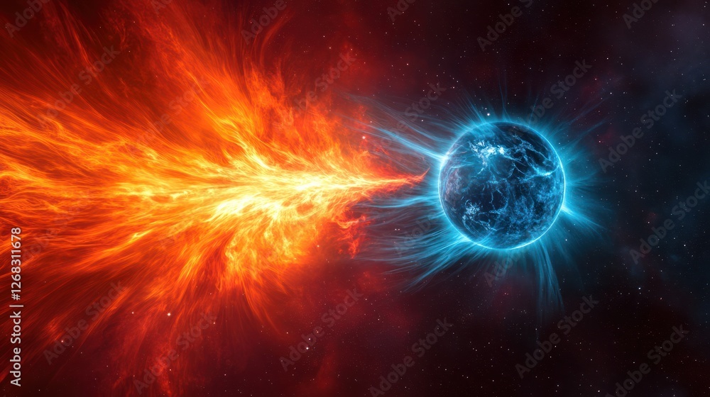 Fototapeta premium Fiery cosmic blast hitting icy planet, space background, game design