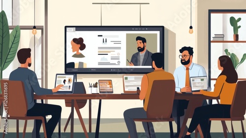 Team Collaboration in a Modern Office During a Virtual Meeting