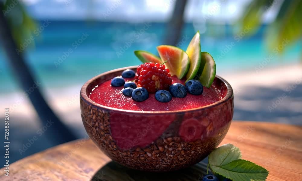 A vibrant fruit smoothie bowl featuring berries, mango, and a beautiful background of a tropical beach. The bowl's rich colors evoke a sense of freshness and relaxation. A vibrant fruit smoothie bowl featuring berries, mango, and a beautiful background of a tropical beach. The bowl's rich colors evoke a sense of freshness and relaxation.