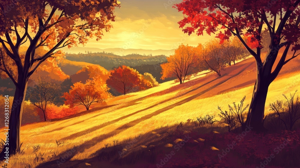 Autumn's golden gradient, A vibrant hillside landscape painting Autumn's golden gradient, A vibrant hillside landscape painting