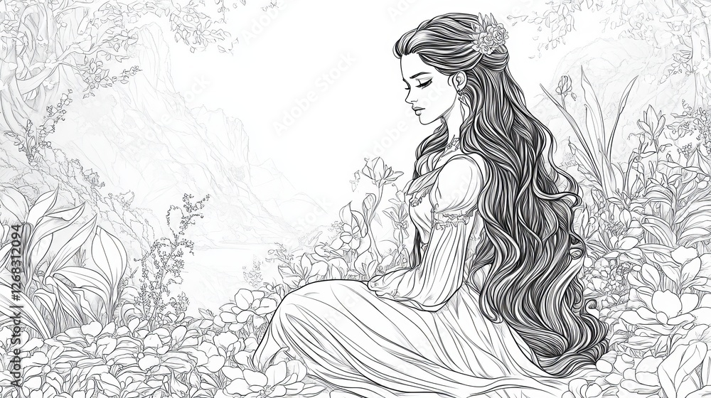 Fototapeta premium Elegant Woman Long Hair Garden Fantasy Art Line Drawing Black White Princess Fairytale Illustration Romantic Nature Scene Beautiful Lady Sitting 