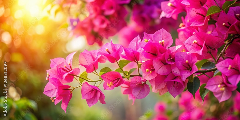 Fototapeta premium Vibrant Pink Bougainvillea Flowers Blooming, Copy Space, Right Composition