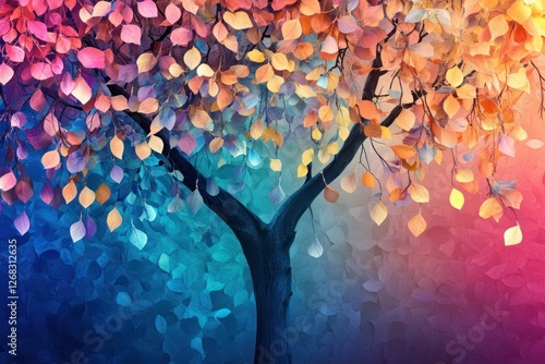 Fototapeta Naklejka Na Ścianę i Meble -  Colorful tree with leaves on hanging branches illustration background. 3d abstraction wallpaper . Floral tree with multicolor leaves