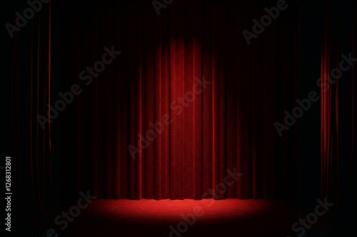 A dimly lit stage with rich red curtains and a spotlight illuminating the center, creating a dramatic and inviting atmosphere.